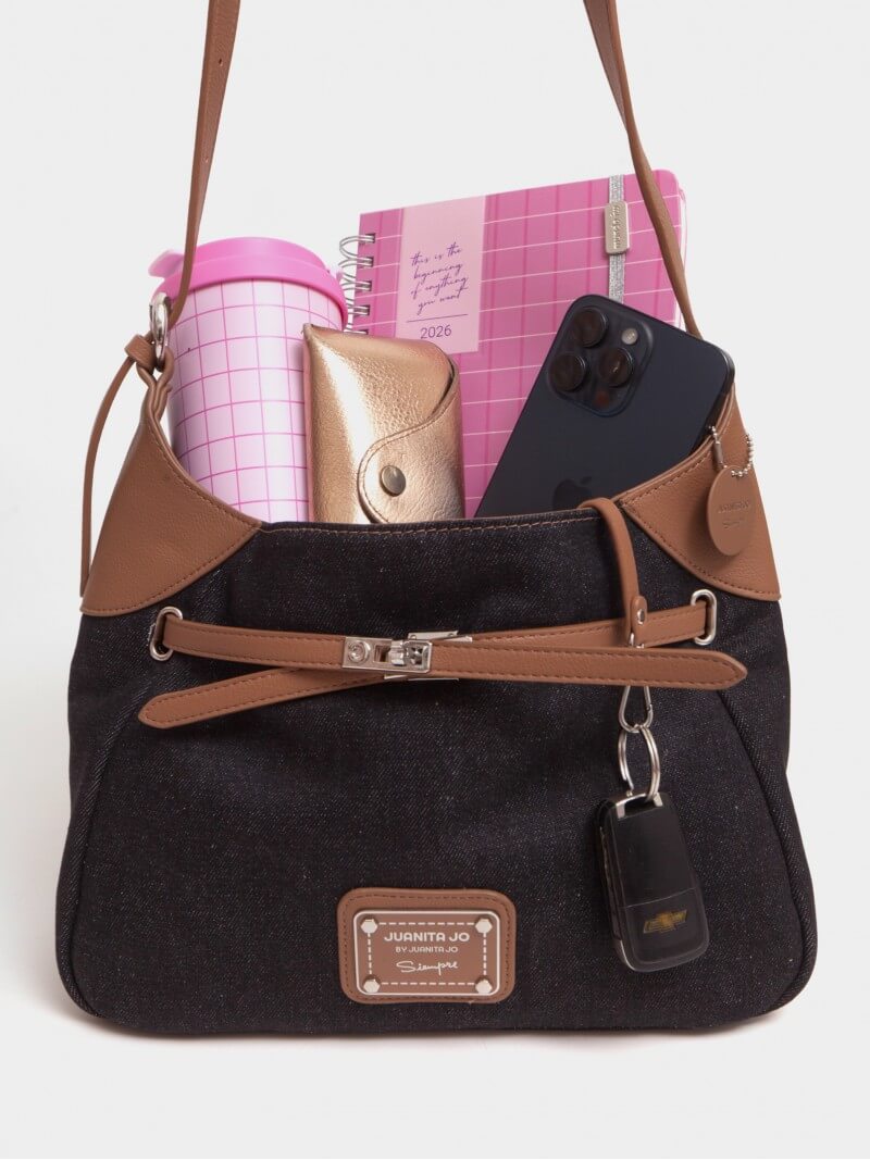 Cartera De Hombro Denim Jessie Negro Y Suela