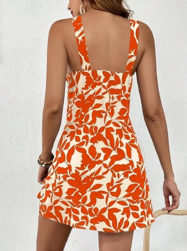 Vestido Halter con Estampa Tropical y Espalda Descubierta